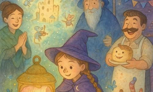 Agathe, apprentie sorcière de 7 ans, joyeuse et concentrée, accroupie devant une grande lanterne dorée qui projette des vagues de lumière vert, rose et bleu canard, dessine des rideaux et fait apparaître un mini-théâtre de projections (châteaux en fromage, marmottes violonistes) transformées en petits acteurs par son dessin magique; elle porte une cape violette trop grande à boutons croissant de lune, a les cheveux châtain clair en nattes et des taches d'encre sur le nez. À gauche, Madame Chloris, commerçante élégante au châle vert, sourit et applaudit doucement; à droite, Monsieur Tartine, pâtissier moustachu au tablier plein de miettes, rit en tenant un gâteau souriant près d'un étal de sucreries; derrière Agathe, le vieux gardien sorcier à la longue barbe tressée et manteau bleu veille bienveillant, la main posée sur la lanterne. Autour d'eux, le marché nocturne animé — étals en velours violet, guirlandes d'étoiles, lucioles et papillons bleus — fourmille de mouvement joyeux, avec des chaussettes dansantes rayées et à pois formant une farandole; l'ambiance est douce, colorée et humoristique.
