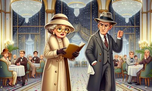 Mademoiselle Éléonore Dupont, détective privée d'environ 60 ans, est élégamment vêtue d'un chapeau et d'un manteau beige. Ses lunettes dorées glissent sur son nez, et son visage montre détermination et excitation. Elle tient un carnet et un stylo, observant attentivement la scène. À ses côtés, Monsieur Lefèvre, directeur de l'hôtel d'une cinquantaine d'années, porte un costume sombre et semble inquiet en pointant une empreinte de chaussure. La scène se déroule dans la salle de bal de l'Hôtel Majestueux, décorée de lustres et de marbre, avec des confettis au sol. Éléonore examine les indices tandis que Lefèvre explique la situation du vol du collier, créant une ambiance mystérieuse avec des invités curieux en arrière-plan.