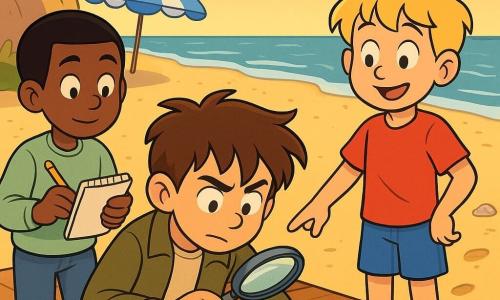 Trois garçons enquêtent sur une terrasse en bois face à une plage dorée au coucher : Léo (10 ans) aux cheveux bruns en bataille, veste kaki et loupe, agenouillé au premier plan examine des miettes sur une table; Tom (9 ans), blond en t‑shirt rouge et short bleu, souriant, pointe des empreintes dans le sable à droite; Sami (9 ans), cheveux noirs courts et pull vert clair, à gauche, prend des notes dans un carnet; sur l'assiette vide une petite étoile en sucre oubliée, des miettes et des empreintes mènent vers la plage, ambiance curieuse, bienveillante et lisible pour un enfant.