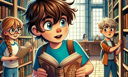 Arthur, un garçon de 12 ans aux cheveux châtains en bataille et aux yeux curieux, se tient devant une étagère dans une bibliothèque. Il porte un t-shirt bleu et un jean déchiré, affichant de l'excitation en découvrant un vieux grimoire. À ses côtés, Lina, également âgée de 12 ans, avec de longs cheveux bruns tressés et des lunettes rondes, observe le livre avec un sourire intrigué, tenant un carnet. Un peu en retrait, Jules, un garçon blond aux taches de rousseur, scrute les étagères, concentré. La scène se déroule dans une bibliothèque ancienne, lumineuse et remplie de livres colorés. Arthur ouvre le grimoire et lit à voix haute une énigme, tandis que Lina et Jules, captivés, se penchent en avant.