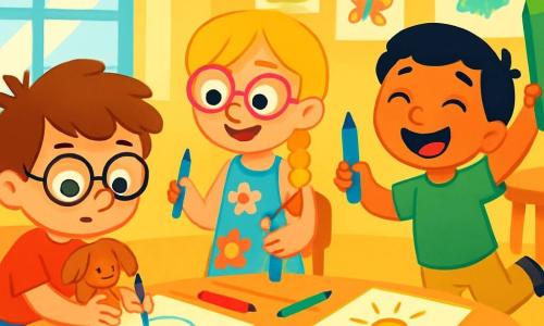 Il y a trois personnages : Lucas, un garçon de 6 ans avec des cheveux bruns en bataille et des lunettes rondes, portant un t-shirt rouge et un short bleu, qui tient un doudou et regarde sa feuille avec concentration ; Mila, une fille de 6 ans avec de longs cheveux blonds tressés et des lunettes roses, vêtue d'une robe à fleurs colorées, souriant à Lucas tout en tenant un crayon bleu ; et Sami, un garçon de 6 ans avec des cheveux noirs et un grand sourire, portant un t-shirt vert et un pantalon beige, tenant un gros crayon vert et sautant de joie à côté de Lucas. La scène se déroule dans une classe lumineuse aux murs jaunes, avec des dessins colorés accrochés et des tables en bois disposées en cercle. Les trois amis dessinent ensemble, Lucas essaie de faire un rond, Mila l'encourage et Sami montre son propre dessin, partageant un moment de joie et de créativité.