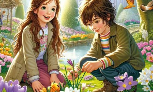 Camille, une fille de 12 ans aux longs cheveux châtains et aux yeux curieux, est agenouillée dans un jardin fleuri, souriante. Elle porte une veste légère et un t-shirt coloré, admirant des crocus et des jonquilles. À proximité, Léo, un garçon de 11 ans aux cheveux bruns en bataille, construit un abri pour les oiseaux avec des branches. Il semble concentré et sourit à Camille. Le jardin est enchanteur, rempli de fleurs éclatantes, de papillons et d'un petit étang. Camille et Léo collaborent joyeusement pour créer l'abri, symbolisant leur engagement à protéger la nature et à célébrer le printemps.