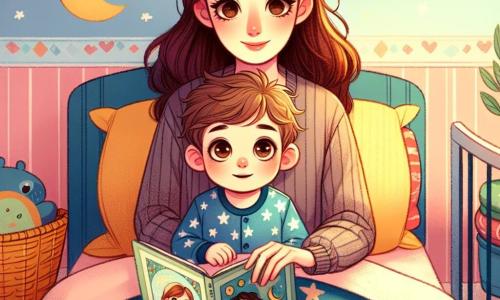 Lucas, un petit garçon d'un an aux grands yeux curieux et au sourire doux, est blotti sous une couverture colorée dans son lit. Il a des cheveux bruns en désordre et porte un pyjama bleu avec des étoiles blanches. Son visage montre une légère inquiétude mêlée de curiosité. À ses côtés, sa maman, une femme d'environ 30 ans aux cheveux longs et châtains, sourit tendrement en lisant un livre d'histoires illustré. La chambre de Lucas est chaleureuse avec des murs jaune pastel, des jouets colorés au sol et une veilleuse en forme de lune qui éclaire doucement la pièce. Lucas écoute sa maman, la lumière créant une ambiance magique et apaisante.