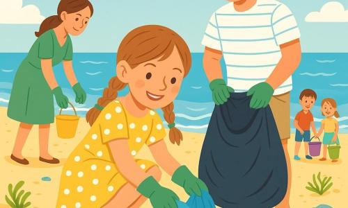 Fille de 8 ans souriante et déterminée, cheveux châtain clair en deux nattes, robe jaune à pois blancs et bottines rouges, accroupie pour ramasser un sac plastique bleu sur le sable avec des gants verts; père (~35 ans) cheveux courts bruns, t‑shirt rayé et short beige tient un grand sac poubelle ouvert à côté d'elle; mère (~34 ans) cheveux attachés, robe verte légère ramasse des déchets près du rivage à gauche; plusieurs enfants (6–10 ans) en arrière‑plan avec seaux colorés ramassent bouchons et plastique; plage large et lumineuse, sable doré, vagues bleues, quelques algues et petits rochers roses, ciel bleu avec nuages et oiseaux stylisés; scène joyeuse de nettoyage de plage aux couleurs vives, gestes de ramassage et tri, détails visibles : gants, sacs, seaux et morceaux de plastique sur le sable.