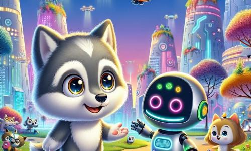 Un petit loup nommé Léo, avec un pelage gris doux et des yeux curieux, se tient au centre de la scène, émerveillé par Lumiville. Il sourit en regardant un papillon coloré près de son nez. À ses côtés, un robot nommé Zippy, en métal brillant et aux lumières clignotantes, roule joyeusement en pointant un bâtiment futuriste, ses yeux scintillant d'excitation. Le décor est une ville futuriste avec des bâtiments organiques, des plantes luminescentes et des drones dans le ciel bleu. Léo et Zippy explorent cette cité fascinante, entourés de créatures joyeuses, tandis que des spectacles de lumière se déroulent autour d'eux, créant une ambiance de découverte.