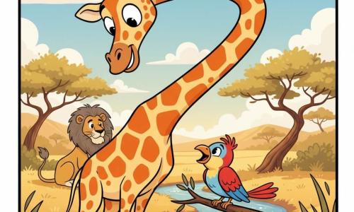 Une girafe femelle souriante et curieuse au long cou et taches orange sur pelage crème s’incline pour regarder Léon, un oiseau multicolore rouge, bleu et jaune perché sur une branche au-dessus d’un petit cours d’eau, tandis que Simba, un vieux lion sage à la crinière grise, observe à l’ombre d’un acacia dans une savane baignée de lumière matinale avec herbes dorées, acacias tordus, collines lointaines et ciel bleu cotonneux ; ambiance douce et chaleureuse, style cartoon rétro « rubber hose », composition simple pour un enfant de 4 ans.