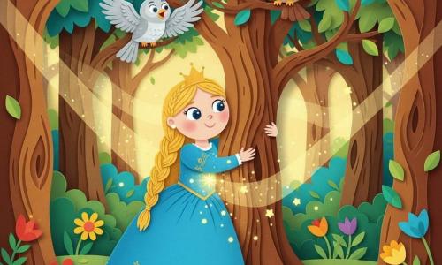 Une princesse au visage rond et souriant, cheveux blonds nattés, en robe bleue brodée d'or, serre doucement un tronc d'arbre tandis qu'une petite oiseau aux plumes argentées chante sur une branche et qu'une vieille chouette brune observe bienveillante; la Forêt des Merveilles présente des troncs larges et torsadés, feuilles vert-turquoise, fleurs simples et rayons dorés; une douce lueur étoilée jaune pâle émane de la poitrine de la princesse et enveloppe les troncs, faisant danser les feuilles, le tout dans un style papier découpé aux contours nets, textures superposées et couleurs vives, lisible par les enfants.