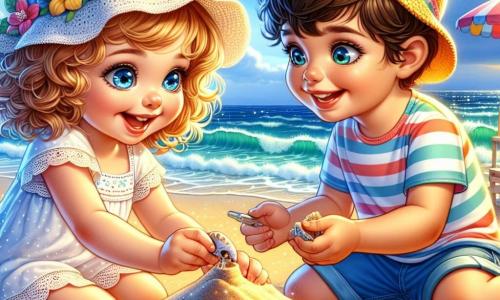 Une petite fille de 1 an, nommée Lily, est assise sur le sable de la plage, creusant un trou avec ses petites mains. À côté d'elle, Max, un garçon de 5 ans portant un chapeau coloré, lui montre un coquillage. La plage est magnifique, avec des vagues scintillantes et des parasols colorés. Lily et Max construisent un château de sable en riant, entourés de coquillages et de jouets, créant un moment joyeux.