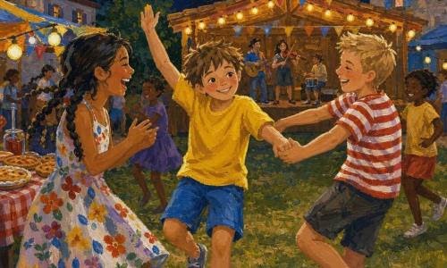 Mathis, garçon de 10 ans au visage rond et cheveux bruns en bataille, t-shirt jaune et short bleu, souriant timidement et dansant bras levés en sautillant sur l'herbe; son cousin Léo (~12 ans), cheveux blonds courts et t-shirt rayé rouge et blanc, espiègle, tient la main d'un autre enfant et tourne à droite; une amie d'environ 10 ans en robe à fleurs et tresses brunes rit et bat des mains en face de Mathis; scène : fête de village d'été au crépuscule sur une petite place avec scène en bois ornée de guirlandes lumineuses et fanions, stands, maisons en pierre aux volets bleus et montagnes en arrière-plan; ambiance musicale entraînante, enfants dansant en cercle, lumières chaudes sur les visages, mouvements rendus par coups de pinceau épais et texture acrylique.