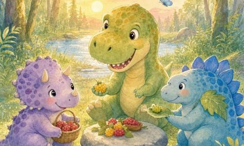 Un grand Tyrannosaure Rex souriant et doux à peau vert clair tachetée de jaune, petites épaules, assis sur ses pattes arrière et tendant une baie jaune; à gauche Lili la tricératops ronde lavande à pois violets, cornes courtes, tenant un panier de baies rouges; à droite Toto le stégosaure corpulent aux plaques bleues offrant une feuille; pique-nique convivial au coucher du soleil dans une clairière mousseuse près d'une rivière scintillante autour d'une pierre grise, herbes et fougères, un papillon bleu vole et le ciel devient rose pâle; style aquarelle douce, contours délicats, couleurs pastel et textures de papier visibles.