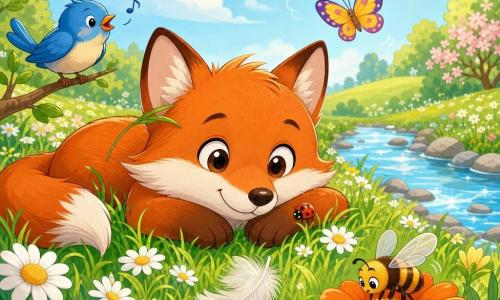 Petit renard roux au pelage doux, allongé dans l'herbe et souriant avec un brin d'herbe derrière l'oreille; une coccinelle sur sa patte; un oiseau bleu perché à gauche qui chante; une abeille butinant une grosse fleur orange; deux papillons voltigent au-dessus; herbe verte avec pâquerettes et marguerites, quelques pierres près d'un ruisseau clair reflétant le ciel; une plume blanche près de sa truffe; ambiance printanière lumineuse, couleurs chaudes et style bande dessinée tendre.