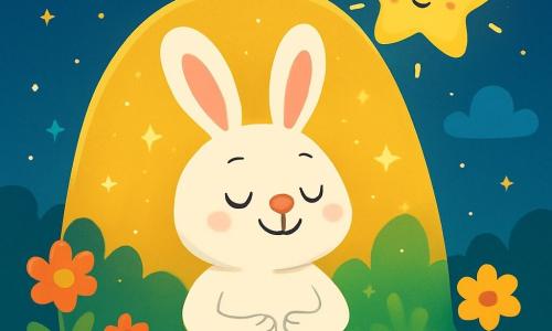 Un lapin doux et mignon nommé Léo, aux grandes oreilles et au pelage blanc, est allongé sous un dôme lumineux, souriant paisiblement avec les yeux fermés et respirant profondément. À proximité, une petite étoile souriante brille dans le ciel nocturne, illuminant la scène de sa lumière dorée et dansant doucement. Le jardin enchanteur est rempli de fleurs colorées, d’herbes vertes et d’un ciel étoilé. Léo se détend dans cette magie nocturne, prêt à plonger dans un sommeil paisible.
