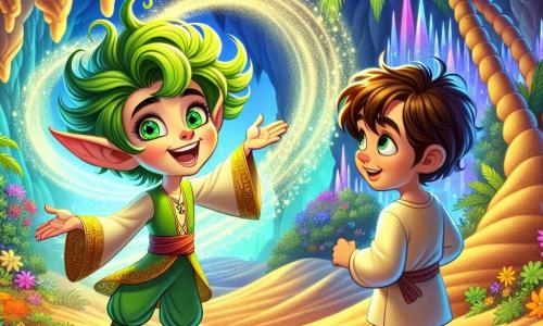 Un elfe espiègle nommé Elor, aux oreilles pointues et aux cheveux verts, sourit largement en chantant, entouré d'une lumière magique. À ses côtés, Léo, un garçon de dix ans aux cheveux bruns, observe avec émerveillement une sphère lumineuse flottante. Ils se trouvent dans une oasis cachée, entourée de palmiers et de fleurs colorées, avec une caverne illuminée par des cristaux. Ils chantent ensemble pour apaiser une tempête de sable menaçante, avec des spirales de sable dansant autour d'eux, tandis que la lumière du Cœur de l'Oasis brille intensément, créant une atmosphère magique et pleine d'espoir.