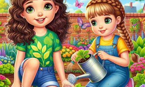 Léa, une fille de 10 ans, sourit au centre de l'image, les cheveux bruns bouclés, vêtue d'un t-shirt vert et d'un short en denim. Accroupie, elle plante des graines dans un jardin potager coloré. À côté d'elle, sa meilleure amie Clara, également âgée de 10 ans, a les cheveux blonds tressés, porte une salopette en jean et arrose les plants avec enthousiasme. Le jardin se trouve dans une cour d'école, entouré de murs en briques, de fleurs multicolores et de papillons. En arrière-plan, des arbres et un ciel bleu créent une ambiance joyeuse. Les deux filles, engagées dans leur jardinage, symbolisent leur détermination à protéger l'environnement.