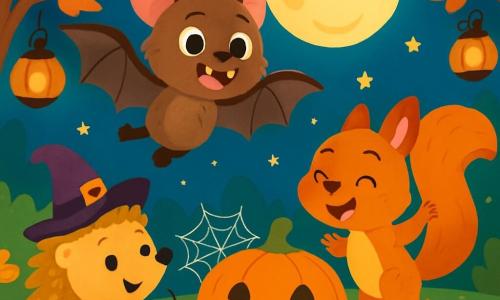 Biscotte, une petite chauve-souris au pelage brun et aux yeux pétillants, vole joyeusement sous une pleine lune, souriant largement en se dirigeant vers ses amis. Mimo le hérisson, avec ses piquants dorés et un chapeau de sorcière, admire Biscotte tout en tenant un sac à bonbons. Filou l'araignée tisse une toile près d'une citrouille souriante, tandis que Nino l'écureuil, avec sa fourrure rousse, saute de joie avec une noisette. La scène se déroule dans une forêt enchantée, décorée de feuilles orange et dorées, avec des lanternes citrouilles illuminant le chemin. Biscotte et ses amis se rassemblent autour d'une grande citrouille décorée, partageant bonbons et rires, chantant une chanson sur l'amitié et le partage dans une ambiance festive.