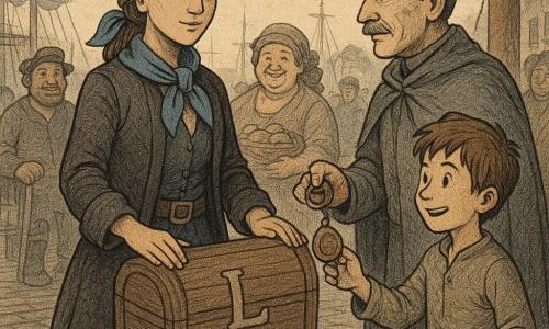 Capitaine Lila Brise-Sel, femme calme et fière, foulard bleu, chapeau de travers, bottes en cuir, main droite posée sur un coffre marqué d’un L et main gauche tenant une boussole au verre rayé ; Milo, garçon d’environ 10 ans, vif, souriant et touchant le coffre ; l’Amiral Cendré, ~50 ans, visage sévère adouci, tend une médaille en bois et la boussole ; Madame Rumba, femme joviale d’environ 40 ans, torchon et panier de biscuits, rit en arrière-plan ; Gabin, homme costaud d’environ 35 ans, appuyé sur une corde, regarde avec fierté ; le Baron Bric‑à‑Brac, petit et rond d’environ 55 ans, tient un coussin ; lieu : port de Brume‑Claire, quai en bois usé, pavés mouillés, habitants curieux, lampes à huile, banderoles, mouettes et voiles en arrière‑plan ; situation : remise d’un coffre de médicaments, moment de réparation et de reconnaissance sous une lumière dorée du soir, atmosphere chaleureuse et solennelle ; style : traits nets type gravure sur papier journal, couleurs légèrement désaturées, grain et hachures visibles, composition centrée sur Lila et le coffre.