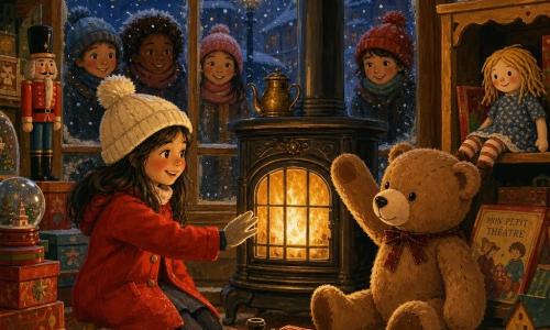 Lila, 10 ans, émerveillée et souriante, en manteau rouge et bonnet crème, tend la main vers un petit poêle en fonte qui diffuse une lumière dorée; près d'elle, un grand ours en peluche brun clair, patte levée, et un petit train en bois rouge au sol; une poupée de chiffon aux cheveux de laine jaune trône sur une étagère en bois dans la vitrine d'un ancien magasin de jouets la nuit, avec étagères patinées, guirlandes de lumière, vitrine embuée et flocons dehors, tapis rouge usé et boîtes empilées, créant une ambiance intime, magique et chaleureuse aux contrastes or/rouge/brun et bleu/ blanc de Noël.