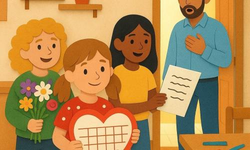 Quatre personnages dans une cuisine familiale chaleureuse : trois filles d’environ 8 ans — une châtain clair en couettes en robe rouge à pois tenant un grand calendrier en forme de cœur (centre gauche), une aux cheveux noirs lisses en t‑shirt jaune et jean tenant une carte avec un poème (à droite, un peu en retrait), une blonde bouclée en sweat vert présentant un bouquet multicolore derrière le dos d’une camarade (à l’extrême gauche) — et le papa d’environ 35 ans, barbe de trois jours, chemise bleu clair et jean, entrant surpris et ému au fond, regardant les enfants. La scène montre les filles offrant au père leur surprise pour la fête des pères (calendrier, poème manuscrit, bouquet) dans une cuisine lumineuse avec table en bois clair, feutres éparpillés, tapis coloré, étagères avec tasses et plantes, porte ouverte laissant entrer un rayon de soleil ; ambiance joyeuse et tendre, formes nettes, couleurs vives et textures papier superposées.