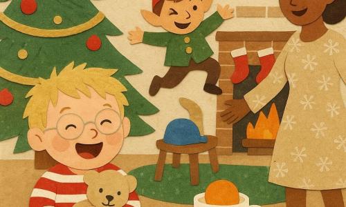 Garçon de 2 ans, blond en bataille, joues rondes, lunettes sans monture, en pyjama rayé rouge et blanc, rit en serrant son doudou beige; un petit lutin malicieux en chapeau rouge et veste verte aux boutons dorés, fait un clin d’œil et saute sur la table près d’une tasse de lait contenant une orange; la maman d’environ 30 ans, cheveux châtain attachés, en robe cosy à flocons, sourit et s’approche en ouvrant les bras; salon de Noël chaleureux avec grand sapin décoré, tapis vert, cheminée aux chaussettes pendues, chaise avec bonnet bleu et jouets éparpillés — scène drôle et tendre où le lutin a caché des objets et mis une orange dans le lait.