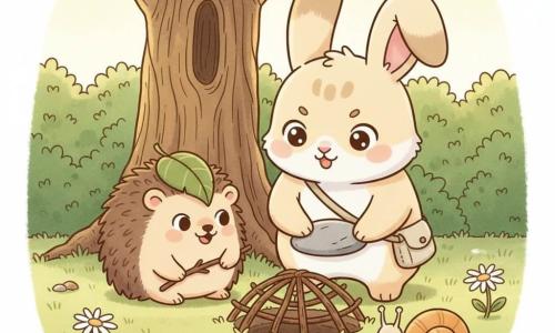 Lino, un jeune lapin dodu au pelage crème tacheté de beige et aux grandes oreilles souples, porte une sacoche en toile et, le regard concentré et fier, pose délicatement une pierre plate sur un assemblage de brindilles pour couvrir un trou ; à sa gauche Pilo, un petit hérisson rond aux piquants bruns et à la feuille-chapeau, sourit malicieusement en tissant les brindilles, tandis qu’un escargot au visage paisible et à la coquille beige et orange observe à l’avant-plan droit ; la scène se déroule au pied d’un vieux noisetier au tronc large, devant une haie de buissons verts sur un tapis d’herbe ponctué de pâquerettes, baignée d’une lumière matinale douce aux tons pastel.