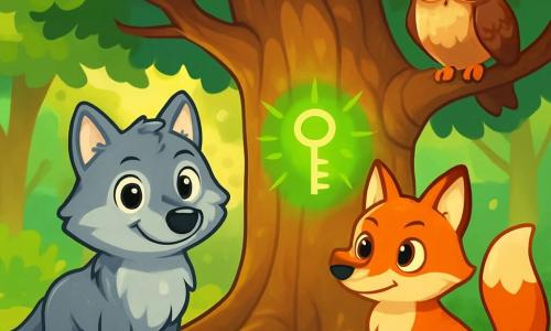 Un loup aux poils gris doux et brillants, avec de grands yeux expressifs, se tient au centre d'une clairière ensoleillée, prêt à résoudre le mystère de la clé de la lumière. À ses côtés, un renard au pelage roux éclatant observe un vieux chêne, l'air malicieux. Une chouette, perchée sur une branche, scrute la scène avec ses grands yeux ronds. La clairière, entourée d'arbres majestueux, est illuminée par des rayons de soleil. Au centre, un vieux chêne imposant porte un message mystérieux gravé sur son écorce. Le loup, le renard et la chouette sont intrigués par la lumière verte émanant du chêne, tandis qu'un vent léger fait danser les feuilles, ajoutant une touche de magie à l'atmosphère.