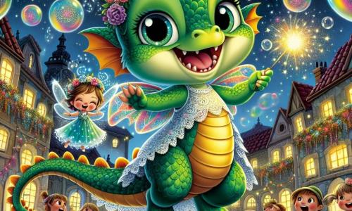 Illustration d'un jeune dragon aux écailles vertes, aux yeux malicieux, sautant de joie avec un sourire, lançant des bulles magiques colorées. À côté, une petite fée des bulles, avec des ailes scintillantes et une robe de pétales, rit en flottant, entourée de bulles. Le décor est une place d'un village coloré, sous un ciel étoilé, avec des enfants courant après les bulles. Le dragon et la fée créent des bulles illuminant la nuit, tandis que les villageois applaudissent, ajoutant une atmosphère festive avec des confettis flottants.