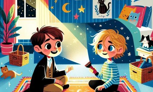 Dans une chambre chaleureuse, deux garçons, Lucas et Tom, sont assis sur un tapis coloré. Lucas, 8 ans, a les cheveux bruns et des lunettes rondes, tandis que Tom, 7 ans, a des cheveux blonds en bataille et des yeux bleus. Lucas tient une lampe de poche qui éclaire son visage, et Tom regarde la lumière avec curiosité. La chambre est décorée de posters d'animaux et d'étoiles brillantes au plafond, avec un grand lit aux draps bleus et des jouets éparpillés. La lumière crée des ombres dansantes, rendant l'atmosphère magique. Les deux amis racontent une histoire, Lucas décrivant un petit chat jouant dans les étoiles, tandis que Tom écoute attentivement, oubliant sa peur du noir.