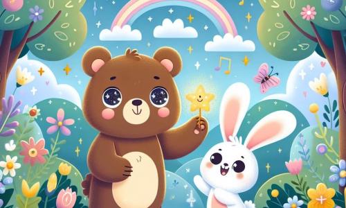 Une ourse souriante nommée Bella, avec un pelage brun et des yeux pétillants, se tient au centre, tenant une petite étoile dans ses pattes. À côté d'elle, un petit lapin nommé Loulou, avec un pelage blanc et de grandes oreilles, saute joyeusement. La scène se déroule dans un jardin enchanté, rempli de fleurs colorées et d'arbres dansants, sous un ciel bleu parsemé de nuages. Bella et Loulou jouent ensemble, riant et partageant des baies, entourés de la magie de leur amitié.