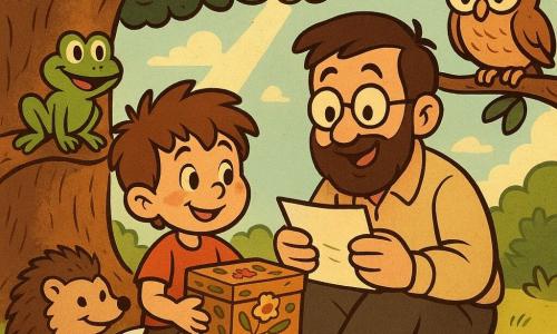 Malo, un petit garçon aux cheveux bruns ébouriffés et aux yeux pétillants, est assis sous un grand chêne avec une boîte en bois décorée. Il sourit tendrement, les joues rosées. À côté, son papa, un homme grand avec une barbe et des lunettes, lit une lettre avec émotion. Lina la grenouille les observe avec un sourire malicieux depuis une branche. Sami le hérisson, petit et piquant, est assis près de Malo avec une plume brillante. Zoé la chouette est perchée au-dessus, regardant attentivement. La scène se passe dans une clairière ensoleillée, où les rayons du soleil créent des taches de lumière dorée. Ce moment montre le partage et la complicité entre Malo et son papa, entourés de leurs amis animaux, dans un cadre naturel et chaleureux.