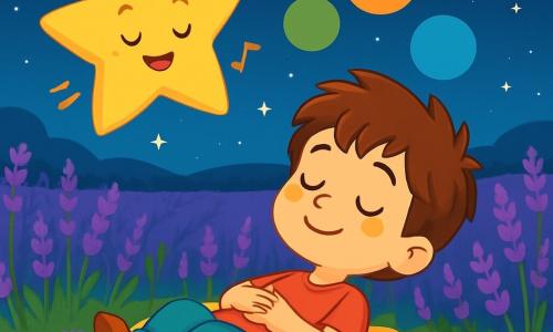 Un petit garçon de 6 ans, Milo, avec des cheveux bruns en bataille et des yeux curieux, est allongé sur un tapis de pétales lumineux, souriant paisiblement. À proximité, une étoile amicale flotte, chantant une douce mélodie pour apaiser Milo. Le décor est un champ de lavande sous un ciel nocturne étoilé. Milo se laisse emporter par la magie de la nuit, entouré de bulles de pensées colorées, créant une atmosphère de rêve et de sérénité.