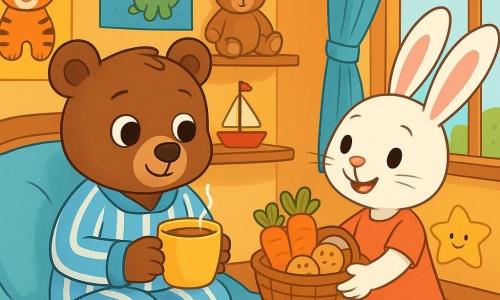 Un petit ours brun nommé Oscar, avec de grands yeux ronds et un pelage doux, est assis sur son lit moelleux, l'air fatigué mais souriant. Il porte un pyjama rayé bleu et blanc, tenant une tasse de tisane au miel. À côté de lui, une lapine blanche nommée Léa, avec de grandes oreilles et un sourire chaleureux, lui tend un panier rempli de carottes et de biscuits. La chambre d'Oscar est décorée de posters d'animaux et de jouets en peluche, avec une grande fenêtre laissant entrer la lumière du soleil. Oscar et Léa partagent un moment de tendresse et de réconfort dans une atmosphère chaleureuse.
