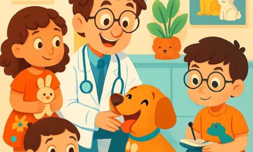Un vétérinaire, le Dr. Léo, souriant et enthousiaste, avec des cheveux bruns en désordre et des lunettes rondes, porte une blouse blanche et un stéthoscope. Il est accroupi, caressant un chien joyeux, Pompon. À côté de lui, Zoé, une fille de 10 ans avec des cheveux bouclés, observe avec émerveillement, tenant un petit lapin en peluche. Maxime, un garçon de 9 ans avec des lunettes, prend des notes sur un carnet, tandis que Jade, une fille de 8 ans avec des tresses, joue avec sa tortue Lulu. La scène se déroule dans un cabinet vétérinaire lumineux, rempli d'affiches éducatives et de jouets en peluche. Le Dr. Léo explique avec passion comment prendre soin des animaux, captivant l'attention des enfants.