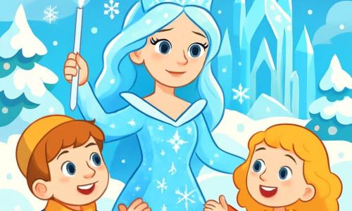 La Reine des Neiges, d'une beauté éthérée, porte une robe scintillante de cristaux de glace. Son visage doux et mélancolique, avec des yeux d'un bleu profond, est illuminé par la lumière. Elle se tient au centre, levant son sceptre magique, entourée de flocons de neige. À ses côtés, Kay, un garçon de 10 ans aux cheveux châtains, sourit avec enthousiasme dans un manteau coloré. Gerda, une fillette de 8 ans aux boucles dorées, se tient en retrait, les bras ouverts dans une robe en laine rouge. Le décor est un royaume hivernal enchanteur avec des arbres enneigés et un majestueux palais de glace. La scène montre la Reine, Kay et Gerda discutant joyeusement, réfléchissant à comment rendre leur royaume heureux, illustrant l'esprit d'amitié et de collaboration.