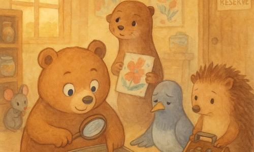 Marcel, un petit ours rond brun clair, tient une loupe en bois et pointe vers un paquet de biscuits ouvert posé sur une caisse, les yeux brillants et sourire concentré; Pipo, pigeon gris au ventre blanc, paraît honteux mais soulagé, accroupi près du paquet et tendant une aile en excuse; Lila, loutre au pelage chocolat, debout derrière Marcel avec des pinceaux et une affiche peinte, les mains tachées de peinture; Hugo, petit hérisson roussé, tient une boîte à outils ouverte à droite, prêt à réparer la boîte à biscuits; Mimi, souris grise timide, se cache partiellement derrière une étagère en montrant des miettes au sol; scène au Hub des Amitiés, intérieur chaleureux en bois clair avec étagères de bocaux, grande table de bricolage et affiches colorées, porte 