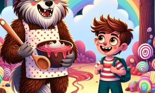 Un loup-garou pâtissier nommé Gaspard se tient joyeusement au centre de la scène, avec un pelage brun, des yeux malicieux et un tablier à pois colorés. Il tient une grande cuillère en bois, prêt à mélanger une pâte sucrée. À ses côtés, Léo, un garçon de 8 ans aux cheveux ébouriffés et aux yeux brillants, l'admire tout en tenant un sac à dos rempli de bonbons. La scène se déroule dans la Forêt des Bonbons Acidulés, avec des arbres en barbe à papa rose et des rivières de chocolat, créant une ambiance magique. Gaspard et Léo rient ensemble, partageant des recettes de gâteaux avant de partir à l'aventure à la recherche de la Dragée Arc-en-ciel, entourés de friandises colorées.