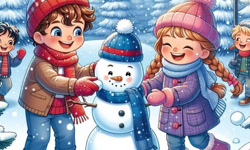 Un garçon de 7 ans, Lucas, aux cheveux bruns et bouclés, porte un bonnet rouge et une écharpe bleue. Il sourit, les yeux pétillants d'excitation, en construisant un bonhomme de neige dans la cour de l'école. À ses côtés, Clara, une fille de 7 ans avec de longs cheveux blonds tressés, rit en lançant une boule de neige vers lui. Elle est vêtue d'un manteau violet et de gants roses. Samir, un garçon aux cheveux noirs et courts, se tient un peu en arrière, riant avec une boule de neige à la main. La cour, enneigée et entourée de sapins, est décorée de lumières colorées. Les trois enfants s'amusent ensemble dans un paysage hivernal magique.