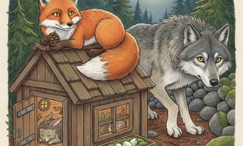 Un renard roux, vigilant et serein, pelage lumineux orangé et blanc, yeux jaunes brillants, allongé sur le toit en bardeaux d’une petite maison en bois en tenant une pomme de pin; un grand loup gris, massif et hésitant, emerge d’un tunnel de pierres à l’arrière, reniflant le sol et reculant légèrement; vu par une petite fenêtre basse, une boîte de mousse sur une table basse contient trois œufs blancs entourés de feuilles vertes; à l’intérieur, visibles par la porte entrouverte à gauche de la boîte, un hérisson roulé en boule et un petit lapin aux oreilles tombantes, endormis; la scène se déroule dans une clairière nocturne à la douce lueur d’une lune ronde, sapins sombres, pierres moussues, feuilles sèches brun-rouge au sol et petite porte en bois rouillé; situation principale : le renard protège doucement la « Maison des Fragiles » en empêchant le loup d’entrer, tension douce et rassurante, contrastes de couleurs chaudes (renard, bois, pommes de pin) contre tons froids (loup, nuit, sapins), traits au crayon visibles et textures détaillées de bois et de fourrure.