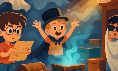 Il y a trois personnages : Léo, un garçon de 8 ans avec des cheveux bruns en bataille et des lunettes rondes, portant un t-shirt rouge et un short bleu, tenant une vieille carte au trésor près d'une malle en bois ; Tim, un garçon de 7 ans avec des cheveux blonds et des taches de rousseur, portant un chapeau melon noir et une cape, faisant un geste de magie devant une caisse mystérieuse ; et Sami, un garçon de 8 ans avec des cheveux noirs et des lunettes de soleil, caché derrière une vieille armoire dans un rideau blanc, l'air curieux et inquiet. L'histoire se déroule dans un grenier poussiéreux rempli de vieilles malles, de caisses colorées et de draps flottants. La lumière filtre à travers une petite fenêtre, créant des ombres mystérieuses. Les trois amis cherchent la clé d’or perdue dans le royaume des Brumeux, entourés de brume légère, tandis qu'une caisse mystérieuse émet un bruit étrange.