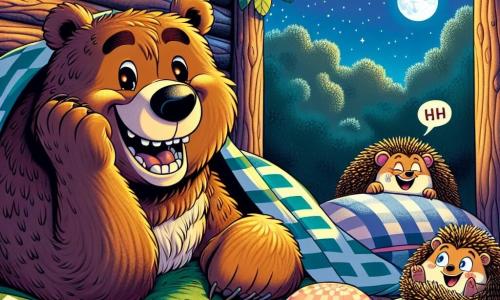 Un grand ours brun, Barnabé, est allongé sur un lit de mousse verte, souriant avec des yeux pétillants. Il est entouré de coussins colorés, dont l'un fait un bruit de « coin-coin ». À ses côtés, un hérisson doré, Marcel, se roule en boule, riant joyeusement. Un peu plus loin, une belette, Simone, chatouille une couverture à carreaux, rayonnante de bonheur. La scène se déroule dans une tanière chaleureuse, éclairée par la lune, avec des murs en bois et des feuilles au sol, créant une ambiance cocooning. Barnabé et ses amis rient ensemble, prêts à s’endormir après une bataille de ronflements, dans une atmosphère de joie et de complicité.