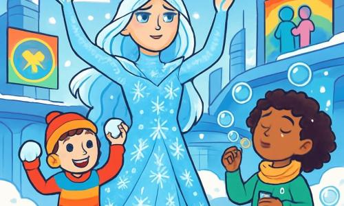 La Reine des neiges, une femme majestueuse d'une beauté éthérée, porte une robe scintillante de flocons de neige et de cristaux de glace. Son visage doux mais déterminé, avec des yeux d'un bleu profond, reflète tristesse et espoir. Elle se tient au centre, levant les bras vers le ciel pour appeler la magie de l'hiver. À ses côtés, un garçon de 10 ans avec une jambe de bois sourit joyeusement, prêt à lancer une boule de neige. Un peu plus loin, une fillette de 8 ans, à la peau dorée et aux cheveux bouclés, souffle des bulles de savon. Le décor futuriste présente des tours de verre et de métal, avec de la neige tombant sur des passerelles lumineuses. Des panneaux colorés affichent des messages de tolérance, tandis que des créatures mécaniques volent dans le ciel. La scène illustre un moment de célébration et d'unité, où la Reine des neiges et ses amis sont prêts à changer le monde, illuminés par la magie de l'amitié et de la diversité.