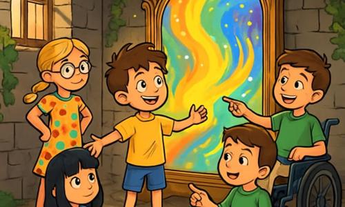 Quatre enfants se tiennent devant un miroir magique dans une vieille maison abandonnée. Lucas, 10 ans, a des cheveux bruns en bataille et porte un t-shirt jaune. Emma, 9 ans, a des cheveux blonds tressés et des lunettes rondes, vêtue d'une robe à fleurs. Tom, 10 ans, en fauteuil roulant, porte un t-shirt vert et un pantalon beige. Sophie, 10 ans, a des cheveux noirs et un pull bleu, assise avec un livre sur les genoux. Le miroir ancien reflète des couleurs vives qui symbolisent leurs émotions : jaune pour la joie de Lucas, bleu pour la réflexion de Sophie, vert pour la curiosité d'Emma, et doré pour le courage de Tom.