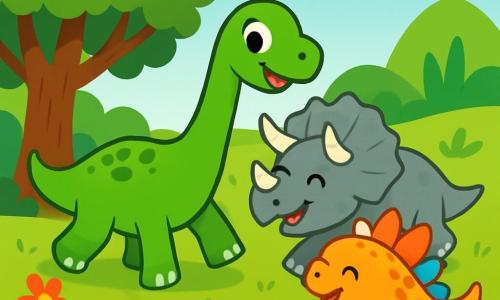 Un petit Diplodocus vert marche joyeusement dans une prairie, suivi par un Tricératops robuste et un Stégosaure aux plaques colorées. Ils sont près d'un grand arbre, entourés de fleurs et d'une petite rivière. Ils explorent ensemble, chantant et cherchant un nouvel endroit pour vivre, remplis de joie et d'amitié.