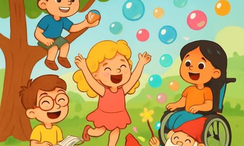 Quatre amis se trouvent dans une clairière enchantée : Léo, 7 ans, est perché sur une branche d'arbre avec un caillou coloré. Mila, 6 ans, danse sur l'herbe en robe rose. Tom, 7 ans, assis sur une pierre, rit en regardant Léo avec un livre de contes sur les genoux. Zoé, 6 ans, est dans son fauteuil roulant magique, entourée de bulles de savon. La clairière est pleine de fleurs vives et d'un grand arbre au tronc large, décoré de bulles scintillantes. Les amis aident un gnome à retrouver sa baguette magique, dans une scène joyeuse et magique sous un ciel bleu.
