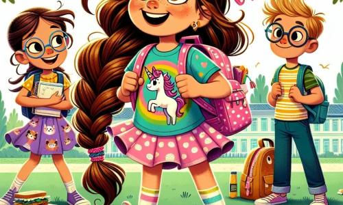 Lila, une petite fille de 10 ans avec de longs cheveux bruns tressés et un grand sourire, se tient au centre de l'image. Elle porte un t-shirt coloré avec des licornes et un cartable rose à pois rempli de fournitures scolaires, levant les bras comme un super-héros, prête pour sa première journée d'école. À côté d'elle, son meilleur ami Tom, également âgé de 10 ans, avec des cheveux blonds en bataille et des lunettes rondes, sourit joyeusement en tenant un sandwich et un ballon de foot. Clara, une fille de 9 ans avec des lunettes et des cheveux châtains en queue de cheval, admire Lila tout en tenant un cahier décoré. La scène se déroule dans la cour d'une école primaire, entourée d'arbres et d'un ciel bleu clair, où des enfants jouent et rient. Lila et ses amis sont enthousiastes et prêts à commencer une nouvelle année scolaire.