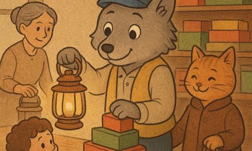 Un petit loup anthropomorphe au pelage gris et au visage rond porte une casquette bleue et un gilet jaune; il tient une lanterne cuivrée et range des boîtes colorées sur une étagère. Une femme aux cheveux gris en chignon, robe beige, pose une grande lanterne sur une table en bois à gauche du loup et regarde les enfants avec bienveillance. Un garçon timide aux cheveux bouclés et pull vert tient un paquet de dattes et tend la main vers le loup. Une vieille chatte ronde à la fourrure rousse, manteau marron, sourit tranquillement et tient un sac de soupe près de l’entrée en posant une patte sur l’épaule du loup. La salle communautaire est chaleureuse, avec des étagères en bois, boîtes vives, une grande fenêtre laissant entrer la douce lumière du soir, des guirlandes et une table centrale avec bols et pain; l’atmosphère est de partage calme et joyeux, tendre et lumineuse, aux couleurs chaudes et contrastes doux.
