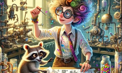 Ernestine Biscornu, une femme aux cheveux colorés et ébouriffés, porte une blouse tachée de peinture et des lunettes en spirale. Elle dessine des plans farfelus sur un rouleau de papier toilette, tandis que Marcel, un raton laveur curieux, l'observe. L'atelier est chaotique, rempli de machines étranges, de pièces de métal brillantes et de bocaux de bonbons colorés. Ernestine, entourée de croquis et de prototypes, imagine sa machine à gratter les oreilles d’elfe, destinée à aider sa amie la fée Zibeline.