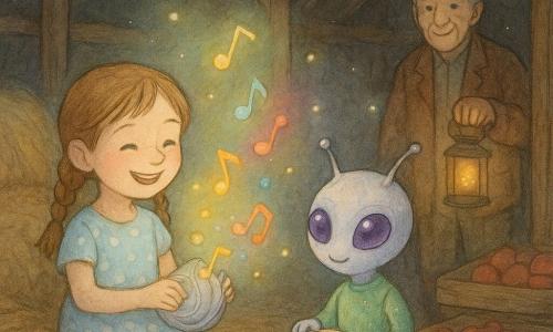 Une fillette de six ans, cheveux châtain clair en deux nattes et robe bleu pâle à pois, pieds nus sur la paille, tient un instrument argenté en forme de coquille qui émet des notes lumineuses ; à côté d’elle, un petit extraterrestre taille chat, peau nacrée couleur de lune, grands yeux violets et combinaison verte scintillante, frappe un minuscule tambour ; un grand-père d’environ 70 ans, visage ridé et veste brun-roux, se tient à l’entrée ombragée de la grange en souriant, tenant une lanterne ; la grange chaleureuse et poussiéreuse montre bottes de foin, caisses de pommes, poutres sombres, rayons de lune et lucioles tandis que des notes colorées comme des bulles flottent autour, ambiance nocturne et chaleureuse, palette aquarelle pastel et traits de crayon précis.