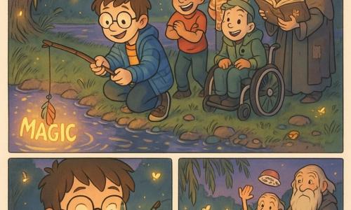 Cinq personnages au bord d’un petit lac au crépuscule : Lucien (garçon, 10 ans) accroupi au centre, cheveux châtain en bataille, lunettes rondes, veste rayée bleue, tenant une canne à pêche en branche dont une plume multicolore remonte un mot doré lumineux hors de l’eau ; Milo (garçon, 10 ans) à gauche, cheveux noirs en brosse, T‑shirt rouge, bras croisés, riant et pointant le mot ; Samir (garçon, 10 ans) à droite, cheveux courts, veste verte, en fauteuil roulant aux roues brillantes, penché vers la plume qui tremble ; Baptiste (garçon, 10 ans) derrière Lucien, cheveux blonds, chapeau en forme de gâteau à la fraise, chemise à pois, lançant son chapeau vers des canards amusés ; Marcel (homme âgé) en retrait, barbe blanche, cape rapiécée, grand grimoire sous le bras d’où s’échappent des mots‑papillon lumineux, souriant en regardant la scène. Le petit lac miroite violetté et doré, rive bordée d’un saule aux feuilles tombantes, herbe mouillée, cailloux colorés, canards comiques et lucioles scintillantes ; ambiance de fantaisie humoristique aux couleurs chaudes et pastel, style bande dessinée douce, composition centrée sur la pêche magique et les regards complices des enfants.