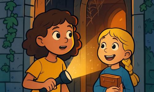Alice, une fille de 10 ans aux cheveux bruns bouclés, porte un t-shirt jaune et un short en jean, tenant une lampe de poche en regardant la maison hantée. Zoé, également âgée de 10 ans, a des cheveux blonds tressés, un pull bleu et une jupe à fleurs, et regarde avec excitation un livre ancien. La maison hantée est ancienne, avec des murs en pierre recouverts de lierre, des fenêtres brisées laissant passer la lumière, un sol en bois vieilli et des toiles d'araignées. Alice et Zoé se tiennent à l'entrée, prêtes à entrer, une lumière dorée émanant de l'intérieur, créant une atmosphère magique où les ombres dansent autour d'elles.