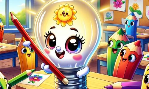 Une petite lampe nommée Lumi, avec un corps en verre transparent et une lumière éclatante aux couleurs de l'arc-en-ciel, se tient au centre de la classe. Elle a un visage souriant et émet une lumière chaleureuse. Autour d'elle, plusieurs crayons de couleur sont rassemblés. Le crayon rouge dessine une fleur avec enthousiasme, le crayon bleu observe avec curiosité, et le crayon vert ajoute des feuilles en souriant. La scène se déroule dans une salle de classe lumineuse, remplie de dessins colorés, avec des tables en bois clair et des rayons de soleil filtrant à travers les fenêtres. Lumi encourage les crayons à collaborer pour créer un tableau de fleurs multicolores, célébrant la diversité et l'harmonie.
